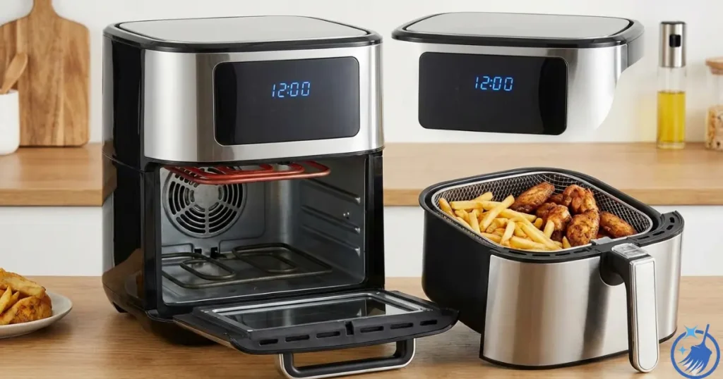 Air fryer with basket removed, showing the main unit and separated basket