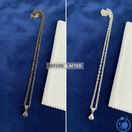 Before and after comparison showing heavily tarnished silver necklace restored to brilliant shine