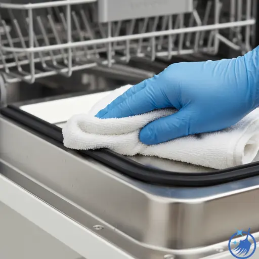 Close-up of hand wiping black rubber door seal with cloth