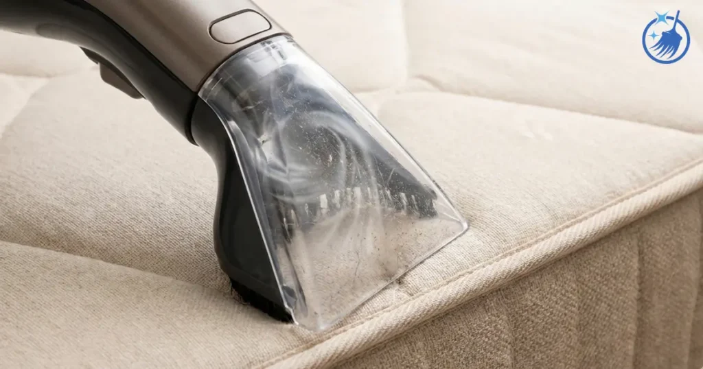 Close-up of vacuum attachment working on mattress seam with visible dust being lifted