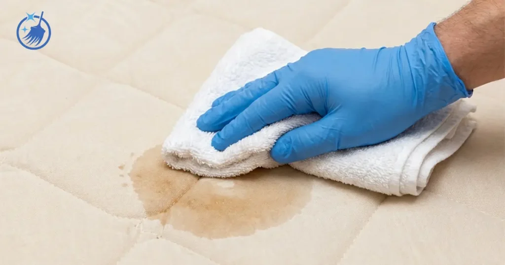 Hand using cloth to blot mattress stain, working from outer edge inward