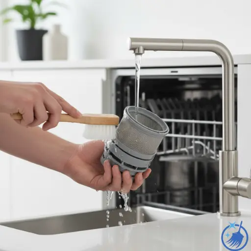 Hands removing cylindrical dishwasher filter and scrubbing it under tap with brush