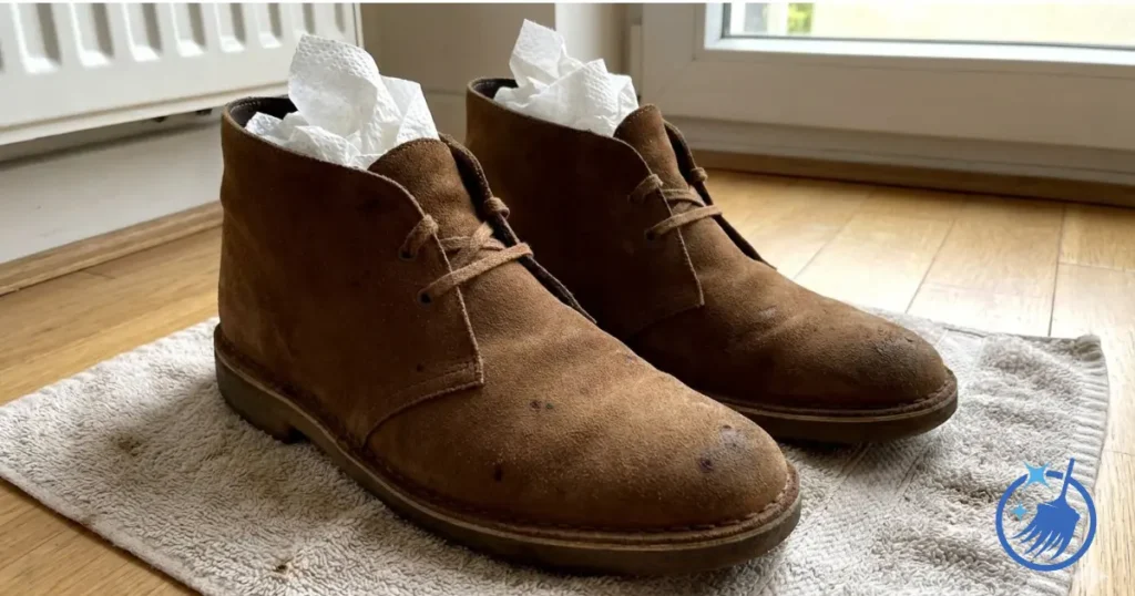 Suede shoes stuffed with white paper towels, air drying on a clean towel