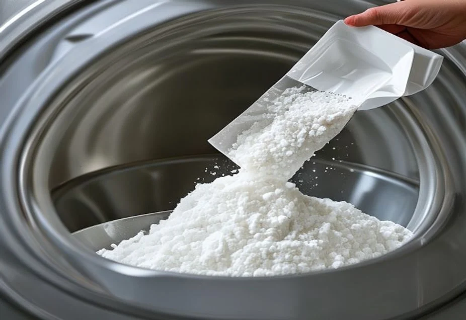 Adding cleaner directly to the drum Cleaning powder being poured into an empty washing machine drum