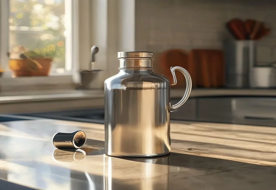 A hip flask standing upside down in a glass to air-dry completely