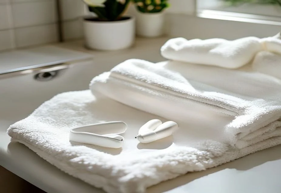 Ear plugs air-drying on a towel beside their case
