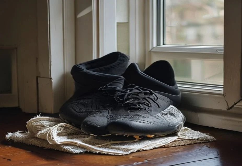 Football boots left to dry indoors beside a window on a doormat
