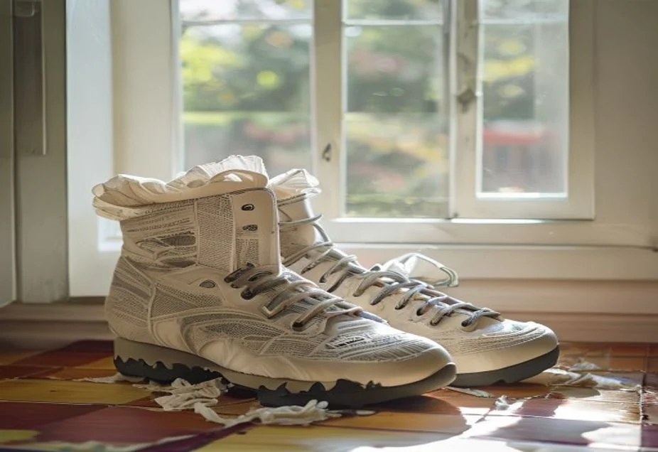 Rugby boots stuffed with newspaper air-drying away from heat
