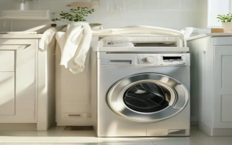 Open washing machine with a clean stainless steel drum and a cleaning sachet on the door