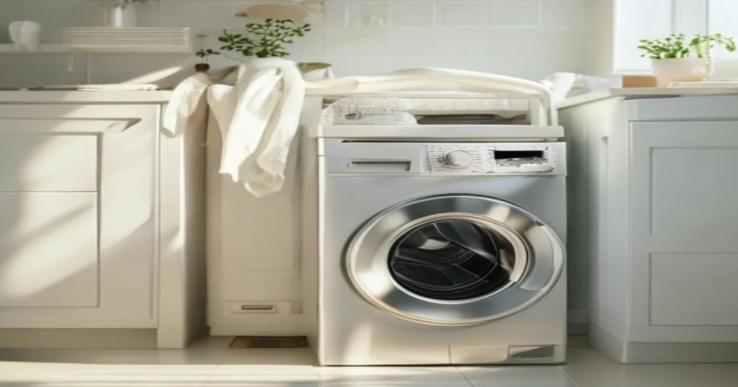 Open washing machine with a clean stainless steel drum and a cleaning sachet on the door