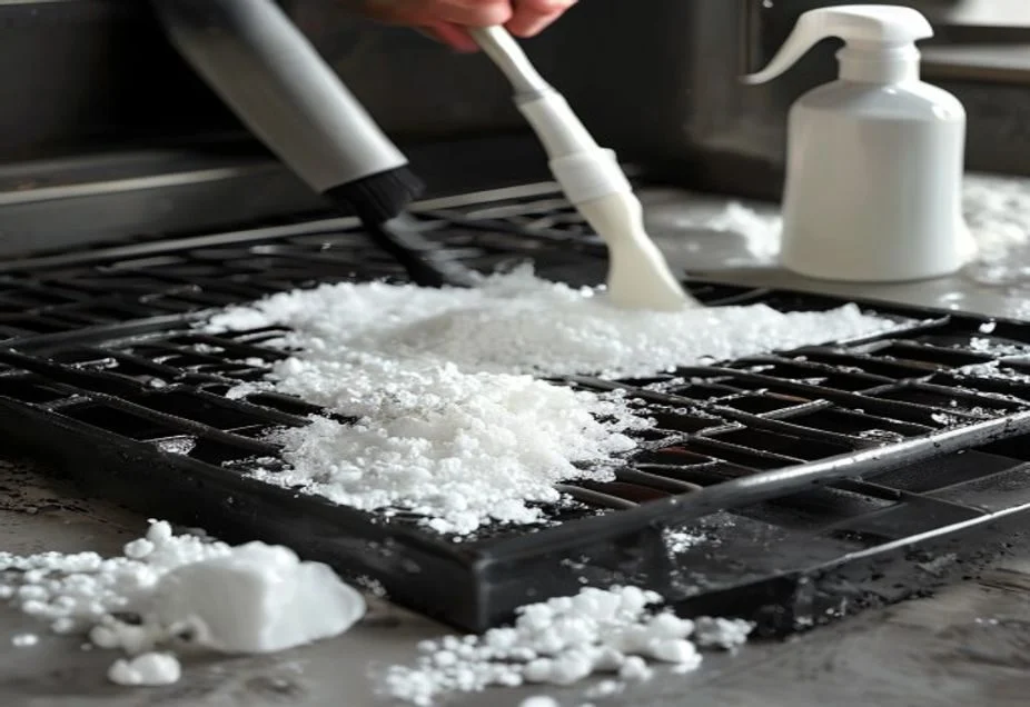 Spreading bicarbonate of soda paste over a greasy oven rack with a brush