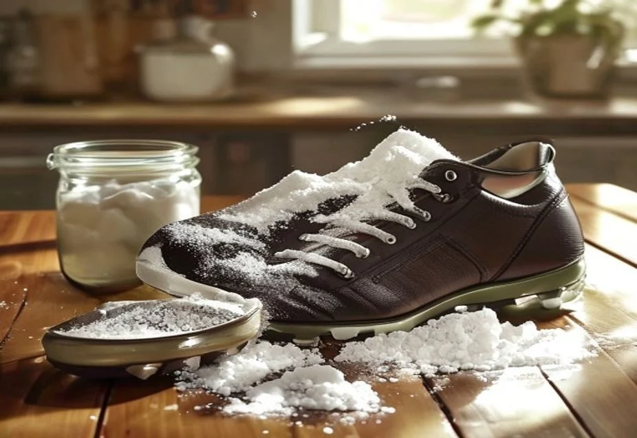 Football boot and insole dusted with bicarbonate of soda beside a jar