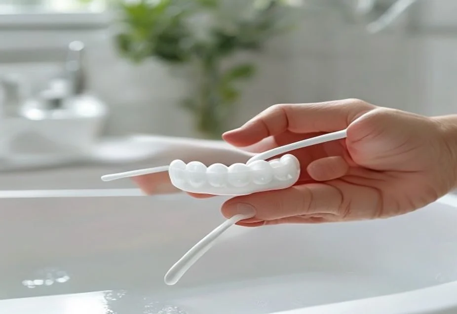Brushing a clear dental night guard with a soft toothbrush over a sink