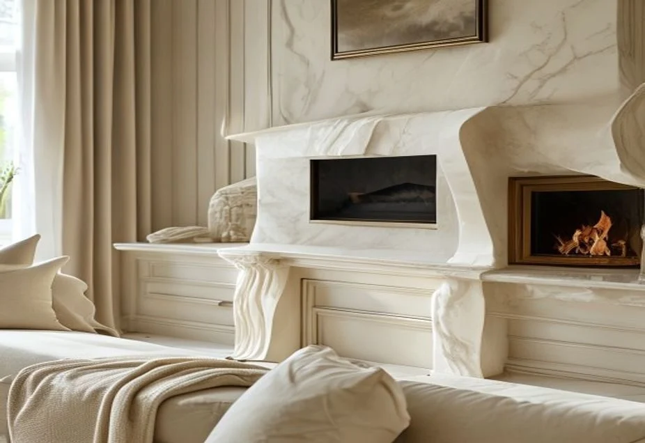 Gently wiping a cream limestone fireplace surround with a soft cloth