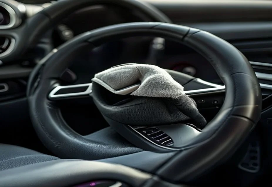 Cleaning the shiny worn grip areas of an Alcantara steering wheel with a cloth