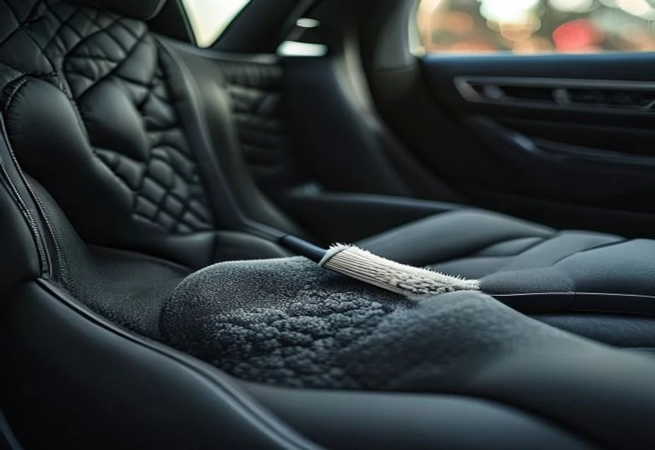 Wiping an Alcantara car seat with a damp microfibre cloth and soft brush