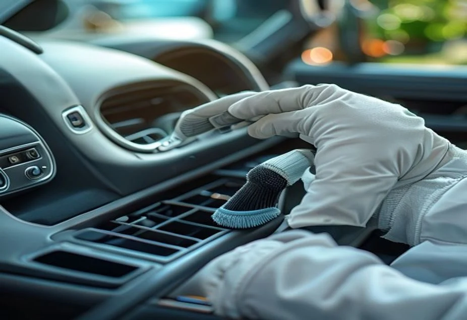 Cleaning car dashboard and vents Wiping a car dashboard and vents with a microfibre cloth and detailing brush