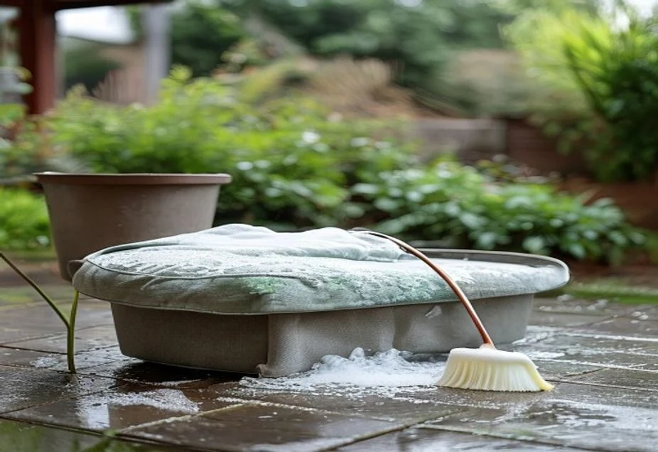Scrubbing a garden sofa cushion with soapy water and a soft brush on a patio