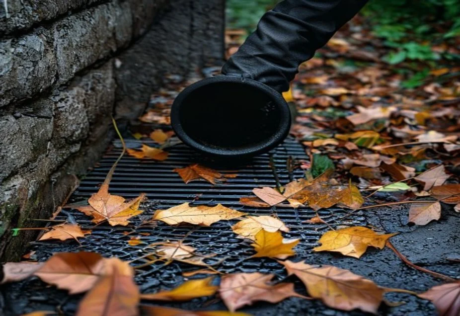 Bottom of a downpipe over a drain grid covered in autumn leaves