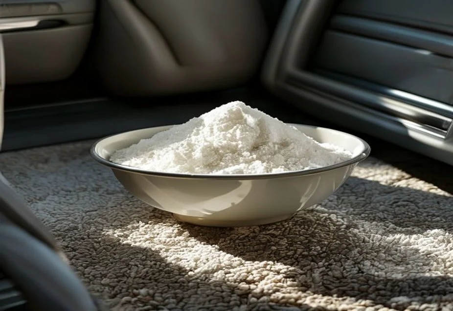 Deodorising a car with bicarbonate of soda Bowl of bicarbonate of soda placed in a car footwell to absorb odours