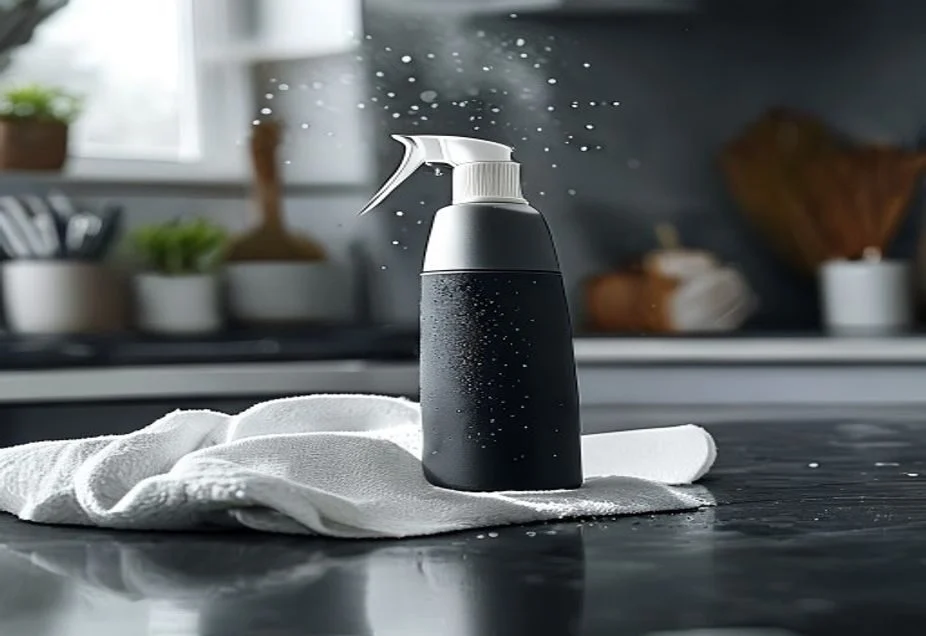 Unlabelled spray bottle and cloth on a worktop with disinfectant mist on the surface
