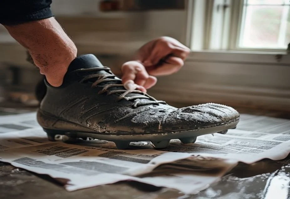 Wiping dried mud off a football boot over spread newspaper indoors