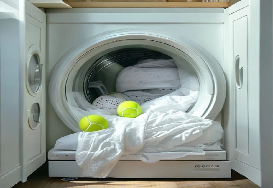 A duvet drying in a tumble dryer with tennis balls to prevent clumping