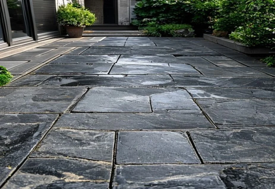 Black limestone paving with a faded grey half and a deep-black sealed half