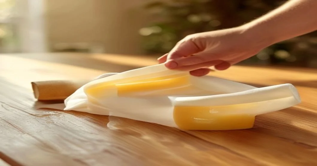 Feeding a waxed pine tabletop with furniture wax on a soft cloth