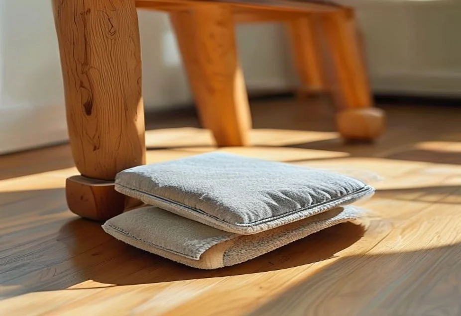 Applying felt pads to a chair leg to protect a Karndean floor from scratches