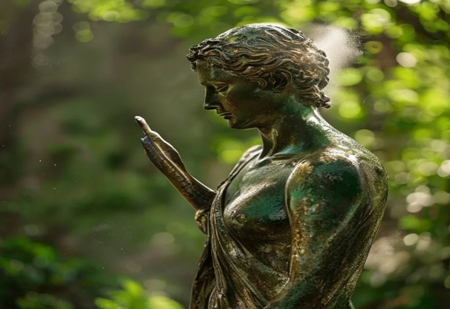 Dusting a green-patinated bronze statue with a soft brush