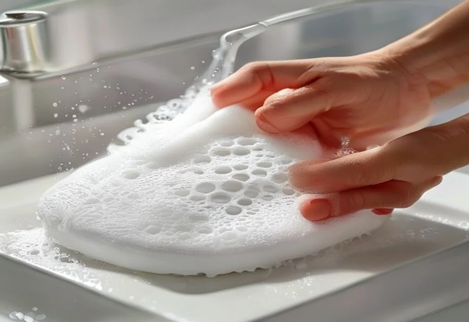 Scrubbing a foam shoe insole with a soft brush and soapy water