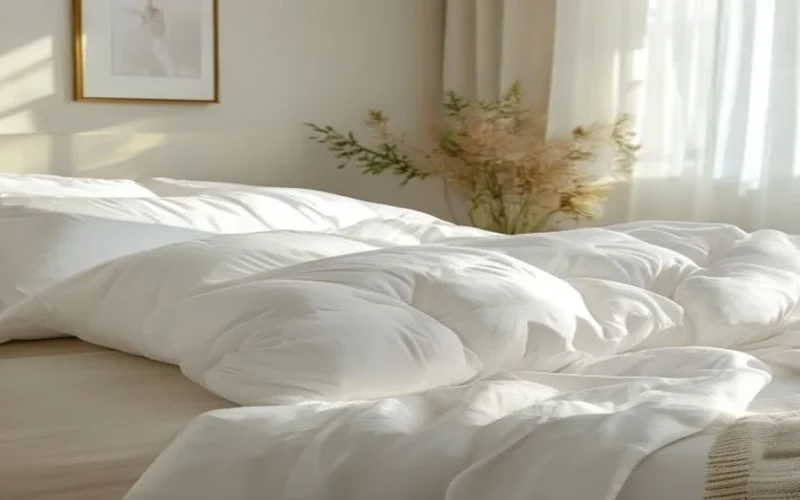 A fresh white duvet folded on a bed in a bright bedroom