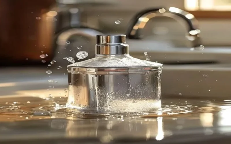 A stainless steel hip flask being cleaned at a sink