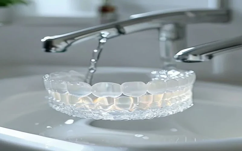 Rinsing a clear dental night guard under running water