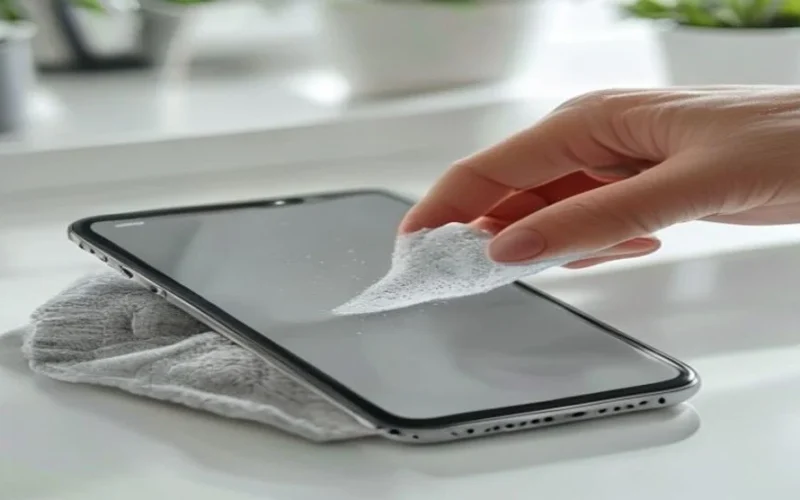Wiping a smartphone screen protector with a microfibre cloth