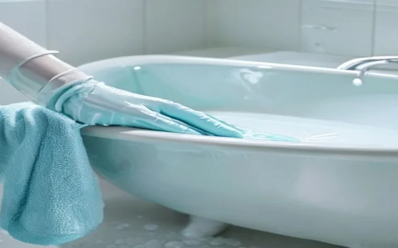 Wiping a white enamel bath with a soft cloth