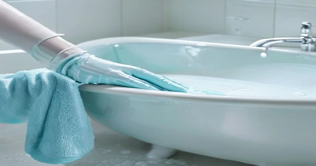Wiping a white enamel bath with a soft cloth