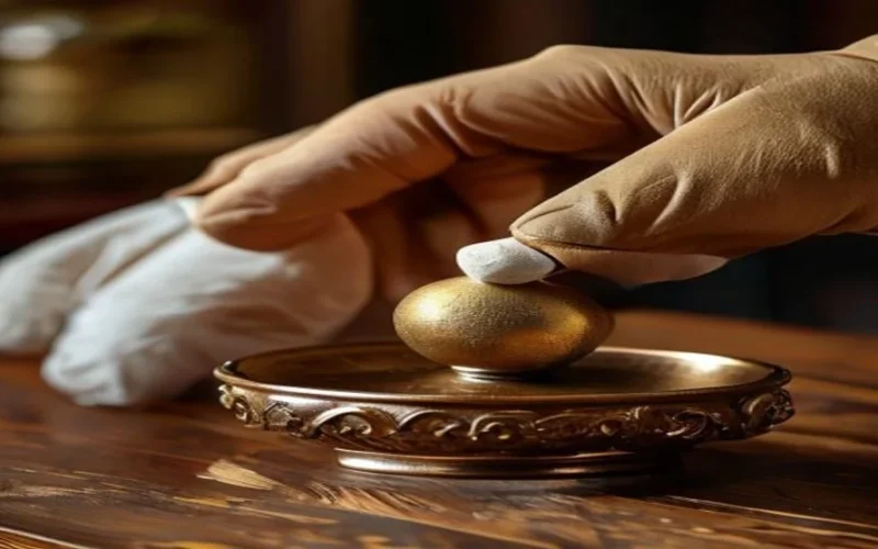 Gently wiping a bronze ornament with a soft cloth