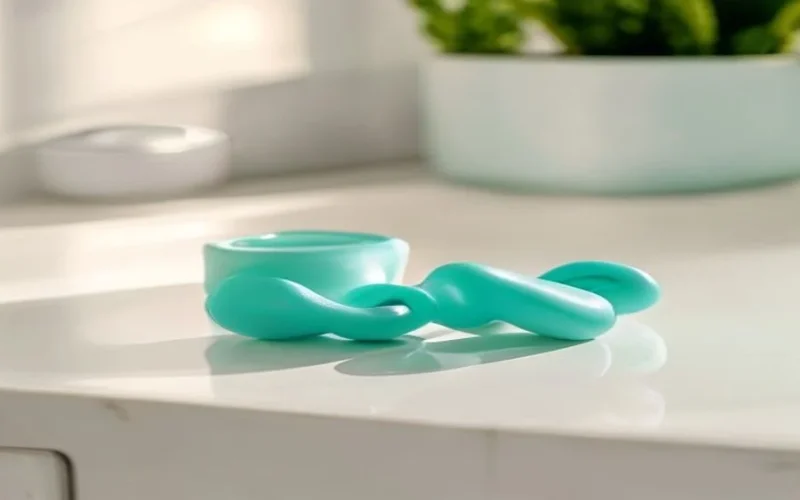 A pair of reusable silicone ear plugs beside their case