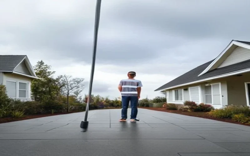 A person on the ground cleaning uPVC fascias with a long telescopic pole