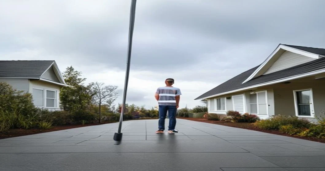 A person on the ground cleaning uPVC fascias with a long telescopic pole