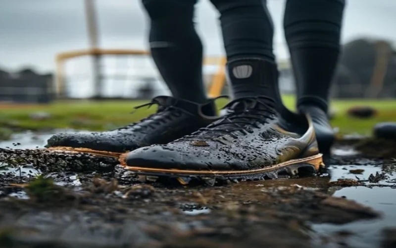 Muddy football boots on a waterlogged grass pitch after a match