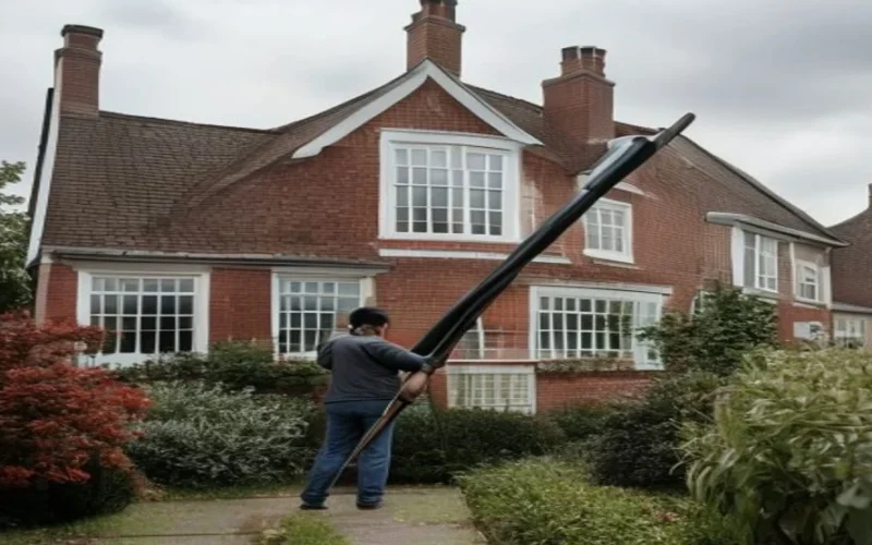 Cleaning a house gutter from the ground with a telescopic pole