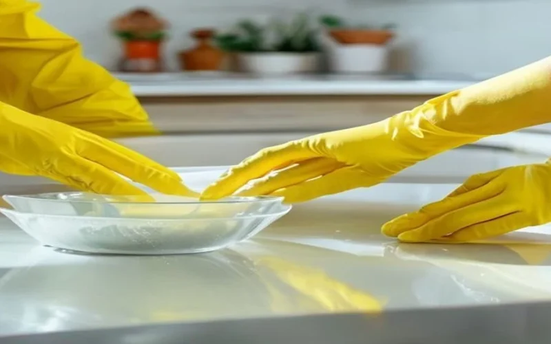 Gloved hands wiping a white kitchen worktop with soapy water from a glass bowl