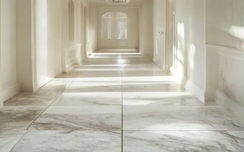 A pale honed limestone floor in a bright hallway