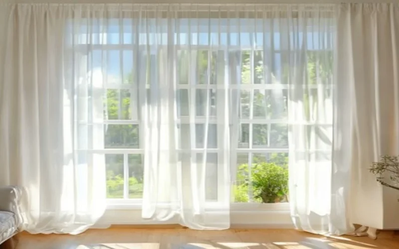 Bright white net curtains at a sunny window