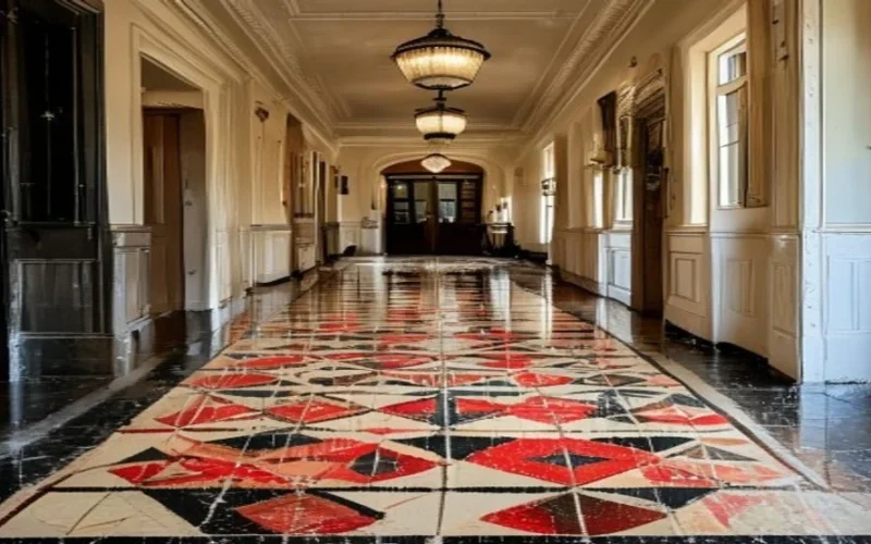 Restored Victorian geometric floor tiles in a period hallway