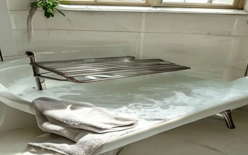 Two oven racks soaking flat in a white bath of soapy water on a towel
