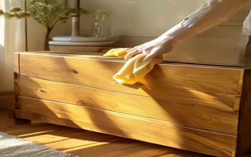 Dusting a solid pine chest of drawers with a soft cloth